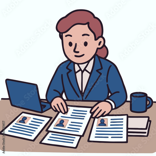 A woman reviews resumes at her desk featuring a laptop coffee cup and neat stack of papers