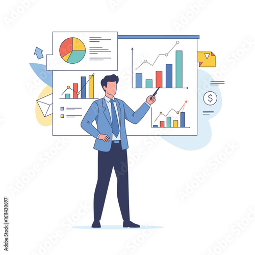 A man in a suit presenting graphs and a pie chart possibly for business analysis