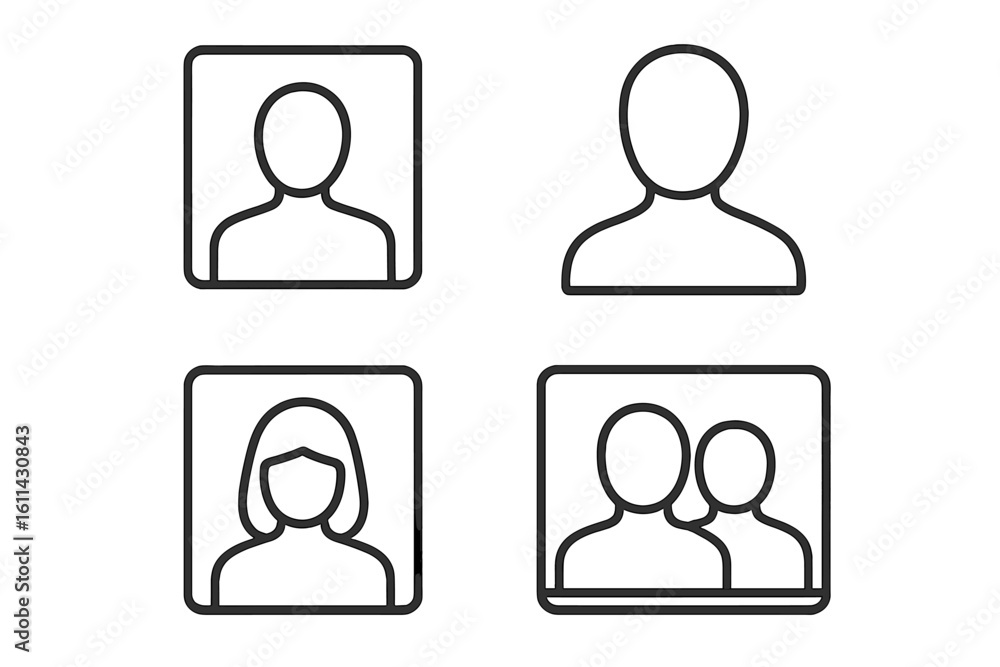 Minimal avatar icons for user profile placeholders, male and female outline portraits, group photo symbol, social media UI pictograms, vector art on transparent background Minimal avatar icons for user profile placeholders, male and female outline portraits, group photo symbol, social media UI pictograms, vector art on transparent background