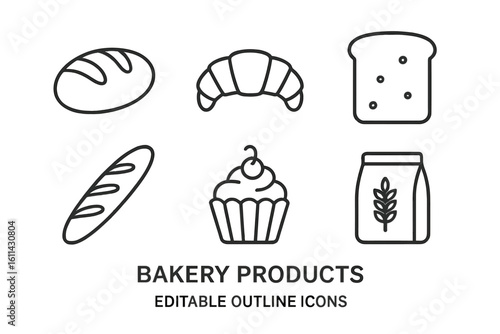 Bakery products outline icon set with bread loaf, baguette, croissant, cupcake, sliced toast and flour bag in thin line style for cafe menu, bakery logo, packaging, app UI, design resources