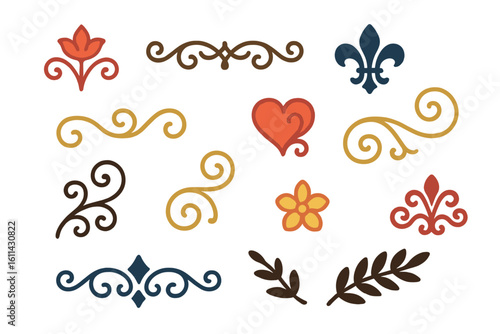 Vintage ornamental flourishes collection. Decorative swirl dividers, floral fleur-de-lis, heart, flower, laurel branch. Flat vector embellishment icons isolated on background