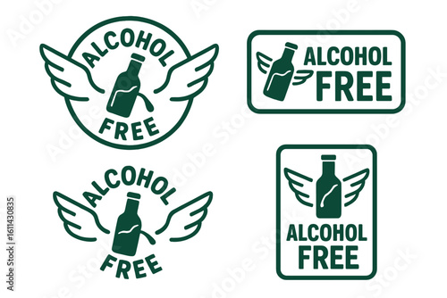 Alcohol free beverage label set, green bottle with wings icon, zero percent drink seal, non alcoholic badge collection, clean sober packaging stamp, freedom concept vector illustration
