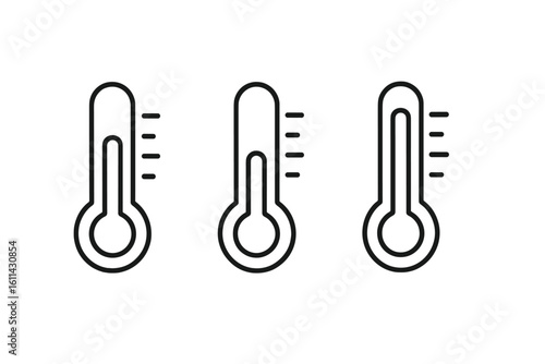 Minimalist linear thermometer icons set depicting temperature scale levels low medium high, outline weather gauge symbols, climate heat cold indicators, isolated vector illustration