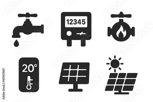 Home utilities glyph icon set. Dripping water tap faucet, gas valve with flame, electric smart meter, indoor 20 degree thermostat, solar panel power symbols. Vector illustration