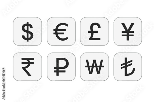 Currency symbol icon set, square buttons of world money: dollar, euro, pound, yen, rupee, ruble, won, lira. Vector illustration for fintech apps, web UI, online banking design