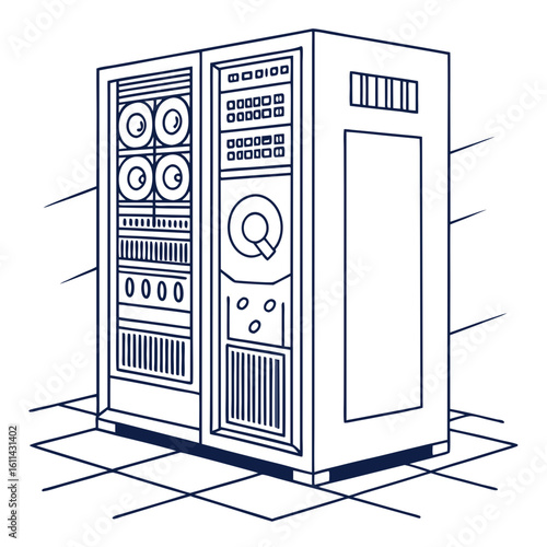 Isometric Line Art Illustration of a Vintage Mainframe Computer
