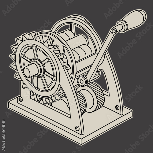 Isometric Line Drawing Of A Vintage Mechanical Gear Machine