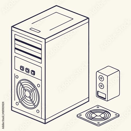Isometric Line Drawing of a Desktop Computer System