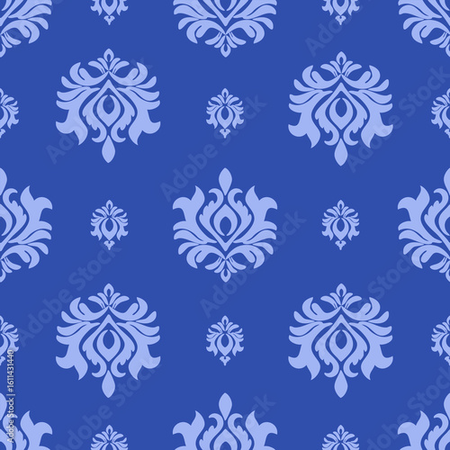 Damask seamless pattern with blue flowers, vintage design, vector illustration elegant for textile, wall paper, bedding, curtains, rug, cushion cover, fashion, upholstery fabric, scarf, Baroque style 