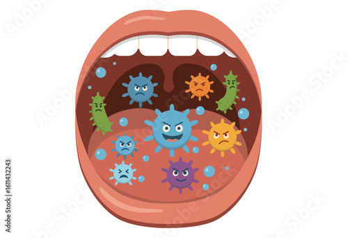 Illustration of Germs Inside the Mouth
An illustration depicting various germs inside the mouth. Useful for topics such as tooth decay, bad breath, oral hygiene, virus infection, and immune health. 