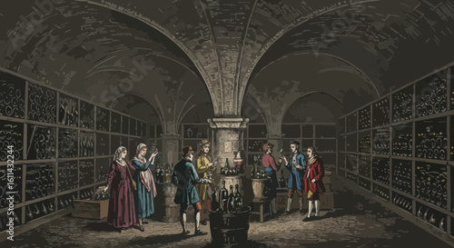 An antique illustration of a wine cellar tasting, showcasing elegant details