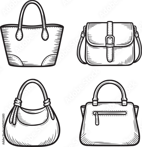 Hand drawn style Ladies bag silhouette set  isolated on transparent background