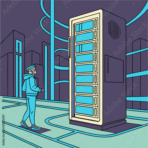 Man Walking Towards Futuristic Server in a Neon City at Night