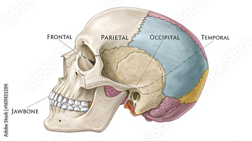Illustration of a human skull with labeled bones frontal parietal occipital temporal and jawbone