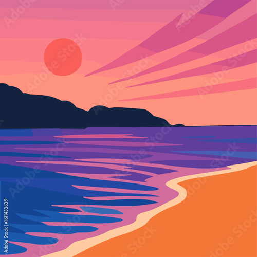 Illustration of a sunset view in a coastal water area. Minimalist style environmental theme illustration.