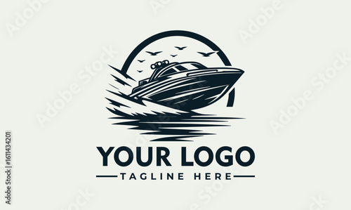 A stylized illustration of a speedboat racing across water with birds in the sky.