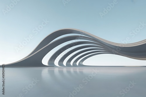 Modern architectural wave structure with reflective surface and clear sky