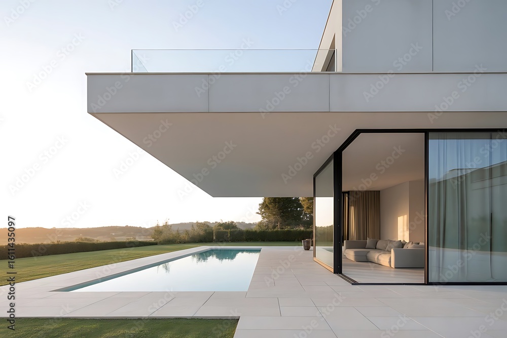 Fototapeta premium Modern luxury villa with infinity pool and sunset views