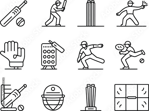 Collection of cricket sport icons and illustrations