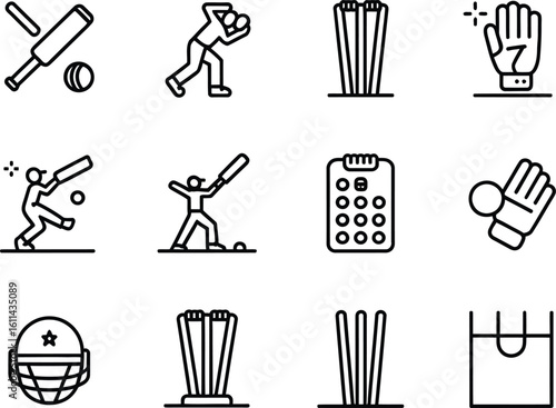 Collection of cricket sport icons and symbols in outline style