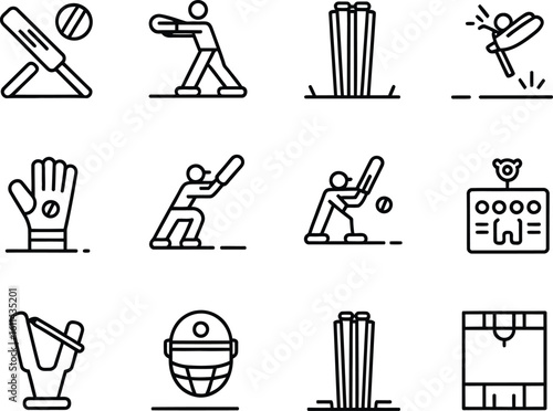 Cricket sports icons set featuring bat ball wicket player and equipment