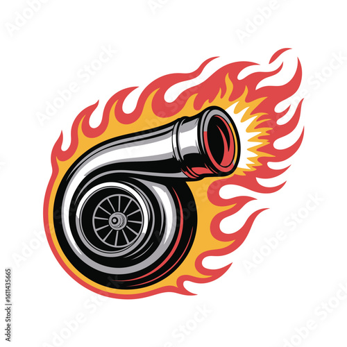 Turbocharger Engine, Fiery Flames, Vector Illustration