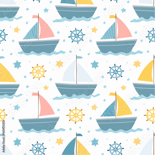 Sea boat seamless pattern, ship ocean kids texture, vector hand drawn nautical baby repeat print.