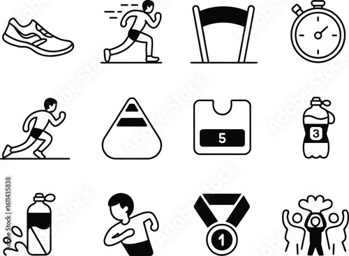 Collection of running and sports icons with a finish line and stopwatch