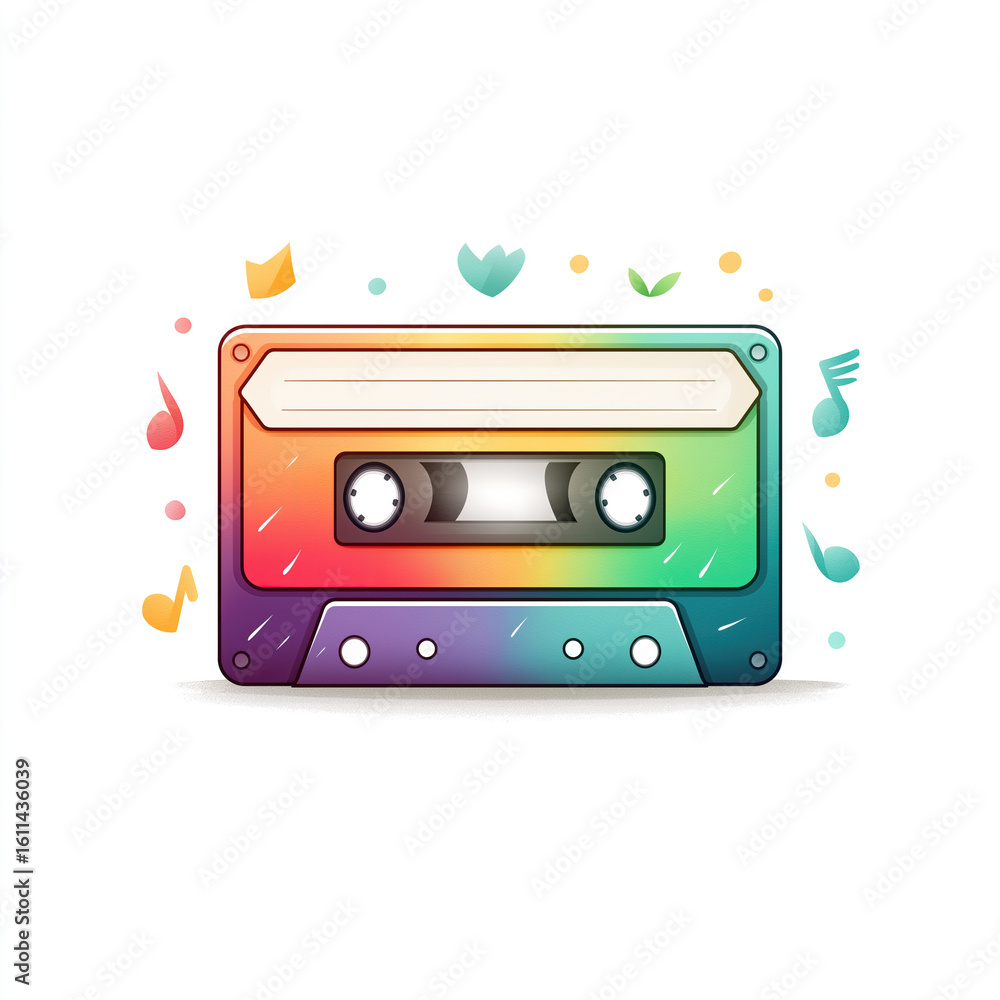 Naklejka premium Colorful Retro Cassette Tape with Rainbow Gradient Fill and Bold Outline