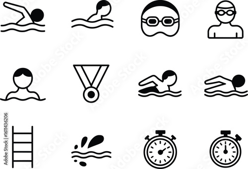 Collection of swimming icons representing different strokes and achievements
