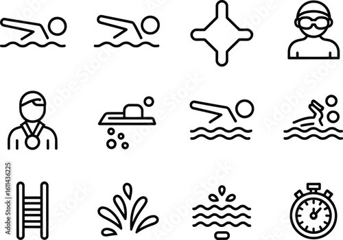 Collection of simple line art icons representing swimming and water sports