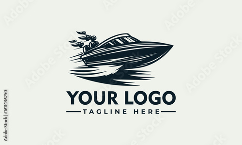 Vintage style logo of a speedboat in motion, with text space.