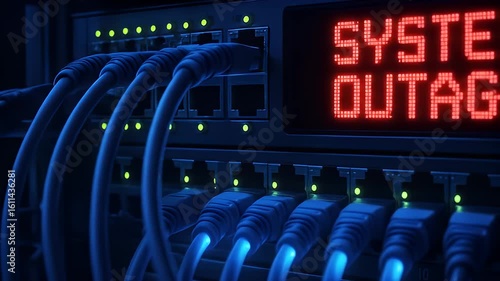 Close Up Of Server Rack With System Outage Message Displayed in Red Lights And Blue Cables