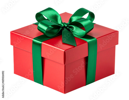 Caixinha de Presente com Embrulho Vermelho e Laço Verde de Cetim, Vista Frontal Simétrica, isolado em fundo transparente – AI Gerado