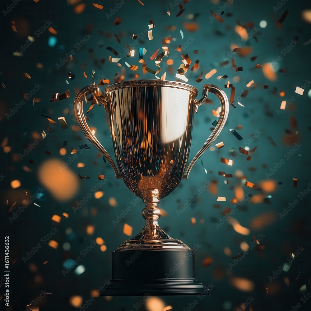 Shiny trophy cup with colorful confetti celebration background. Shiny trophy cup with colorful confetti celebration background.