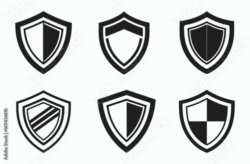 Shield icon silhouette set, security badge vector, protection emblem black, verified shield silhouette vector 