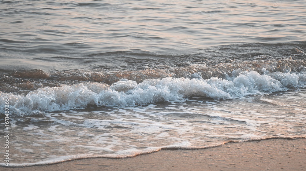 Fototapeta premium Gentle Ocean Waves Rolling on Shore at Dusk – Serene Coastal Scene with Soft Foam and Calm Tides