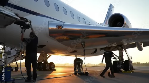 Airplane maintenance crew working under the belly of a large jet aircraft at sunrise