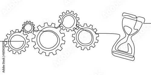 Continuous line gear one art cog icon work business factory wheel. Line gear continuous setting outline computer vector cogwheel technology sketch drawing science stroke machine brain background.