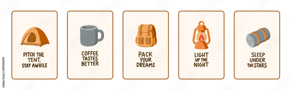 Naklejka premium Vector camping quote cards with tent, mug, backpack, lantern, and sleeping bag. Motivational phrases for hiking and outdoor adventures in flat style