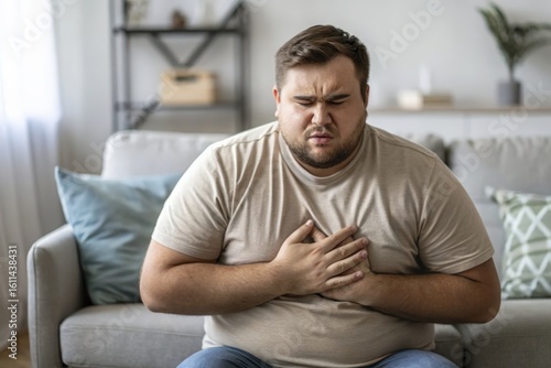 Man Experiencing Chest Pain, Possibly Heartburn, Heart Attack, or Anxiety on Couch