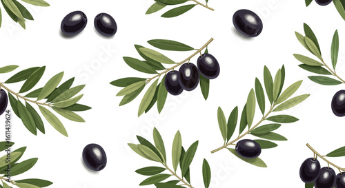 Seamless pattern of black olives with leaves on a white background, suitable for kitchen or food packaging