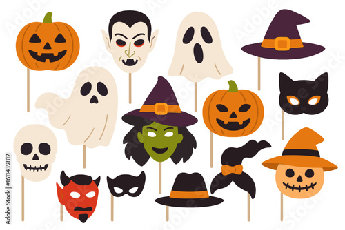 Halloween photo booth features cartoon masks and monster props, including vector faces on sticks of zombies, vampires, mummies, pumpkins, death, werewolves, and witches