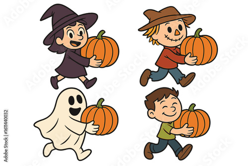 Depiction of youngsters dressed in Halloween attire, featuring a witch, ghost, Little Red, and a pumpkin bearer