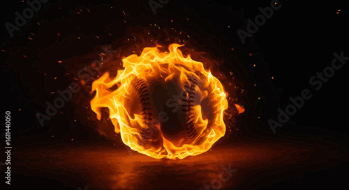 A Baseball Ablaze: Fiery Sports Ball on a Dark Background Emitting Sparks