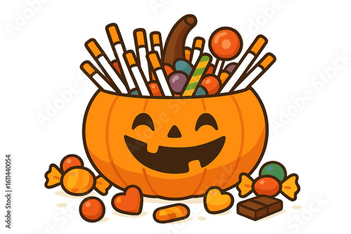 Vector illustration of a trick or treat theme featuring a pumpkin bucket filled with candies and lollipops, suitable for a kids' horror party invitation card background design