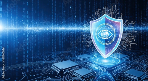 Cybersecurity Shield Over Blue Digital Circuit Board