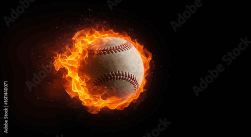 A dynamic image of a baseball engulfed in flames against a dark background
