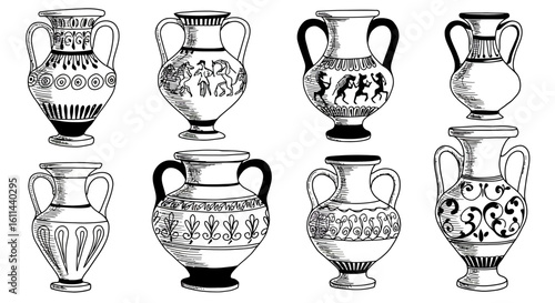 Hand-drawn set of antique greek vases, ancient pottery vessels illustration