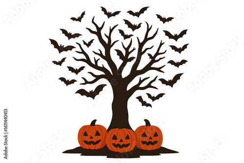 Vector illustration of a spooky Halloween night featuring a frightening pumpkin, bats, and the silhouette of a black cat set against an orange moon